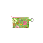 Groovy Greens Penny Key Ring is a coin purse key ring with green background with floral print on top and a pink zipper.  