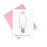 Halloween Greeting card with 3 ghosts in various designs under a disco ball saying "ghouls just want to have fun"; Greeting card with ghost in roller skates saying "happy halloween, witches"
