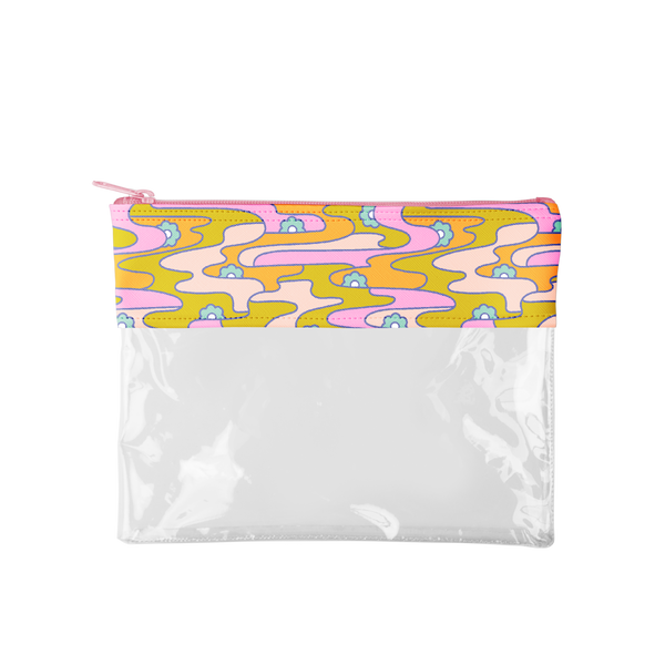 Medium sized flat pouch; half clear vinyl and half vegan leather with multi-color wavy and floral design and pink zipper enclosure at top.