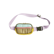 Small hip bag; olive and light blue pouch with pink zipper; lilac adjustable strap with olive buckle. 
