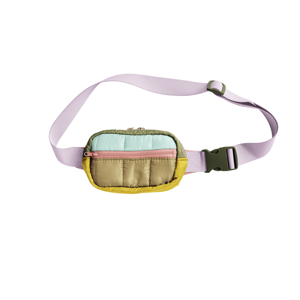 Small hip bag; olive and light blue pouch with pink zipper; lilac adjustable strap with olive buckle. 