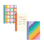 3 pack of "Delightful" collection mini notebooks; Multi-color checkers and daisies, white grid with "what a time to be alive" in multi-color letters, and multi-color scallop designs.