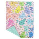 A multicolored, quilted floral puffy blanket with a solid light blue back side. Flowers are varying in shape and size.