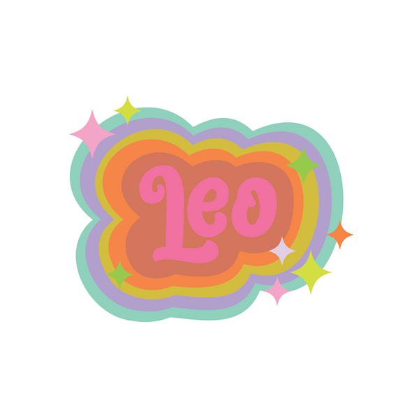 Multicolored Leo sticker with simple stars printed around the zodiac name.