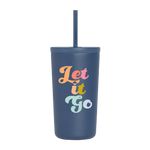 A navy blue 16 oz cold cup with a straw; "Let it go" is printed on the front in multi-color font.