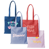 Canvas-material tote bags with phrases printed on the front such as, 