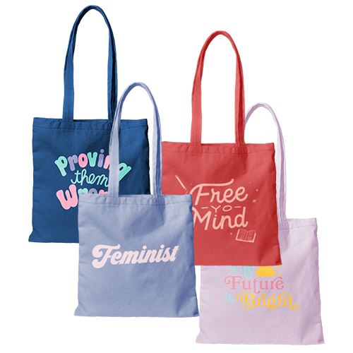 Canvas-material tote bags with phrases printed on the front such as, "Proving them Wrong," "Feminist,""Free yo Mind," and "The Future is Bright." Colors, starting from the left of the image, are Navy Blue, Dust Blue, Red, and Lilac.