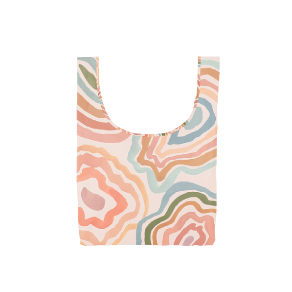 medium sized reusable tote bag with orange, pink, coral, peach, blue, and olive green circular squiggles and abstract designs.