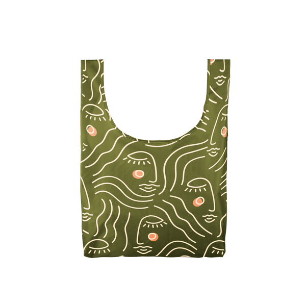 medium sized olive green reusable tote bag with abstract women's faces in white ink.