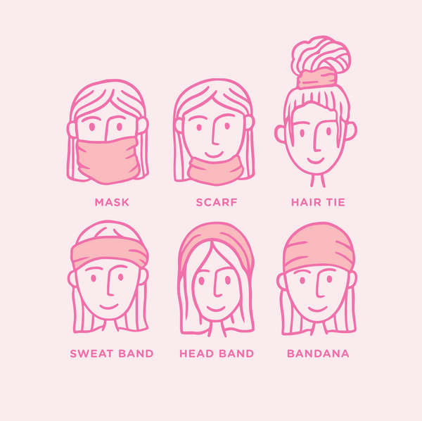 Illustrations of different ways to wear a Neck Fluff. Illustrations are in pink with a light pink background.