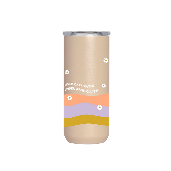 An" Over Caffeinated" 16oz Everyday Tumbler that is a beige color with small white daisies printed around the tumbler, and 3 different colored wavey lines also printed around the tumbler.