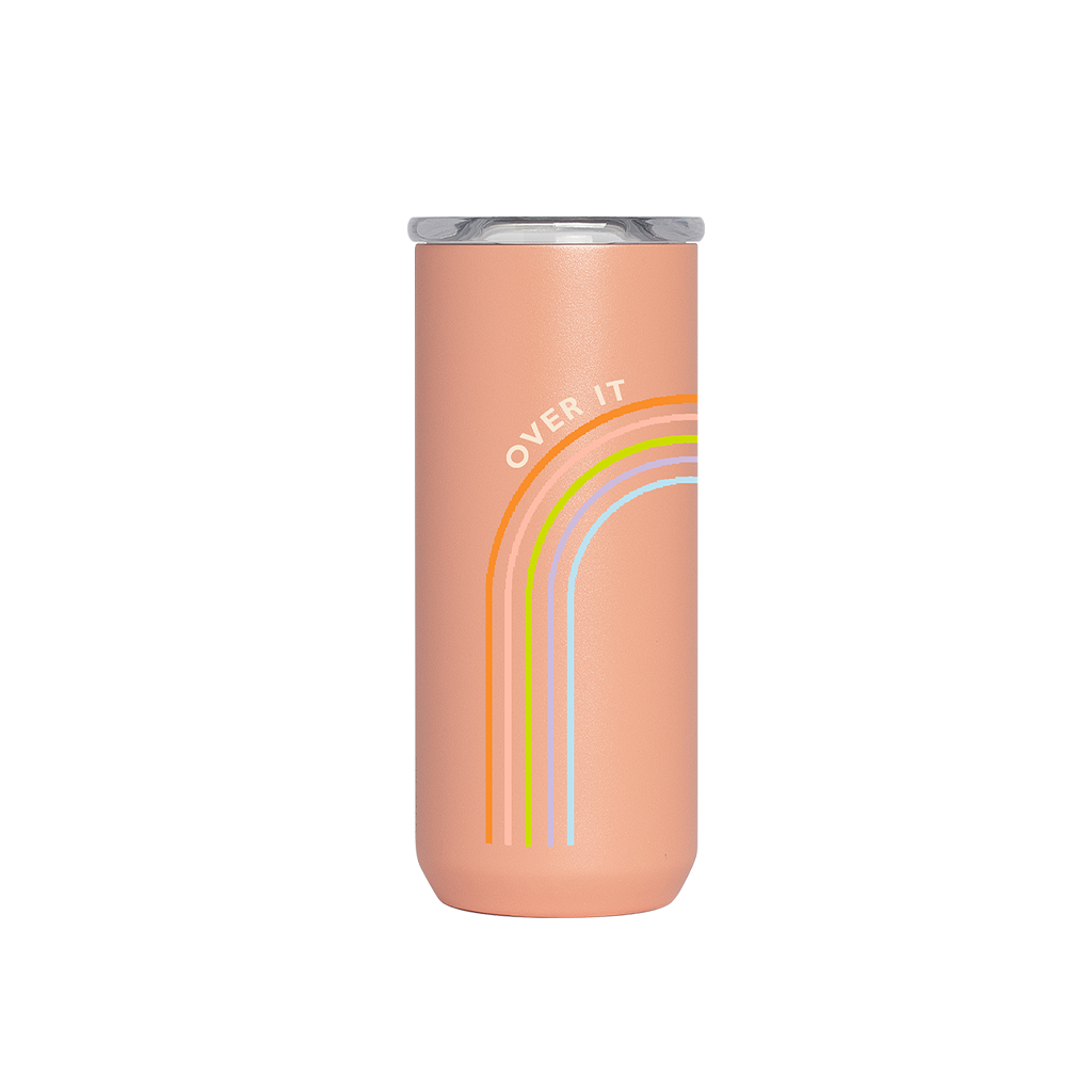 An "Over It," 16 oz Everyday Tumbler with a rainbor arch in the middle with "Over It" printed on the top of the arch.