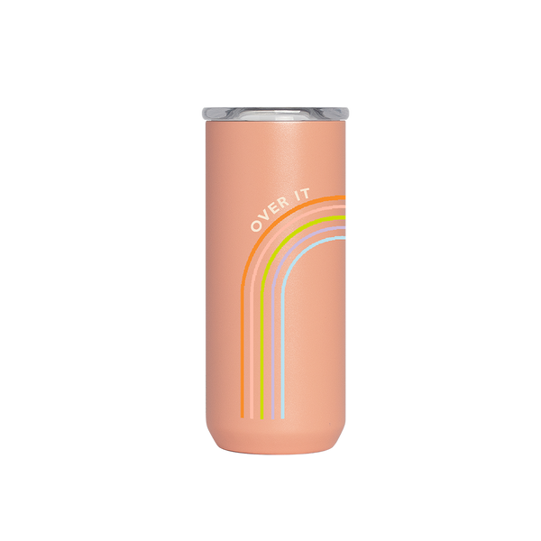 An "Over It," 16 oz Everyday Tumbler with a rainbor arch in the middle with "Over It" printed on the top of the arch.