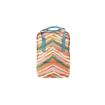 A multi-colored, animal-like printed mini backpack with a front pocket and bright blue shoulder straps.