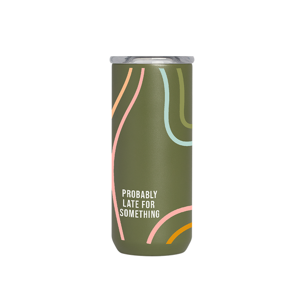 A "Probably late for something" 16 oz. Everyday Tumbler with "Probably late for something" printed on the bottom in white lettering. Color of tumbler is Olive Green with different pastel colored curved lined.