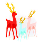 three acrylic reindeer pink, red and light blue with golden antlers.