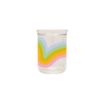 Glass tumbler water element colors : Blue, orange, and pink with wavy design. 