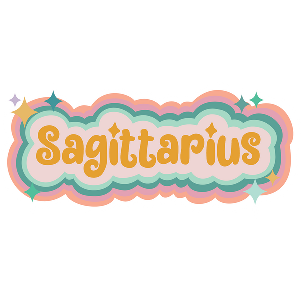 Multicolored Sagittarius sticker with simple stars printed around the zodiac name.