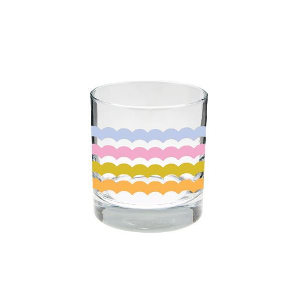 Individual rocks glass with multi-color scallop design.