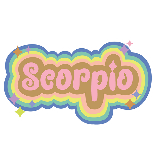 Multicolored Scorpio sticker with simple stars printed around the zodiac name.