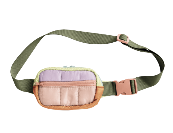 Small hip bag; light pink, lilac, and beige pouch with pink zipper; olive green adjustable strap with pink buckle. 