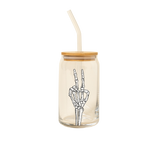 16oz clear can glass with bamboo lid and glass straw with a skeleton hand peace sign. 
