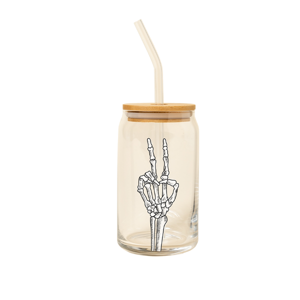 16oz clear can glass with bamboo lid and glass straw with a skeleton hand peace sign. 