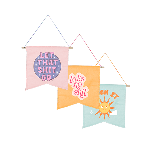 grouping of three cute hanging wall style pennants with different sayings