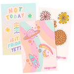 A sticker set of retro flowers, sarcastic sayings and retro space illustrations.