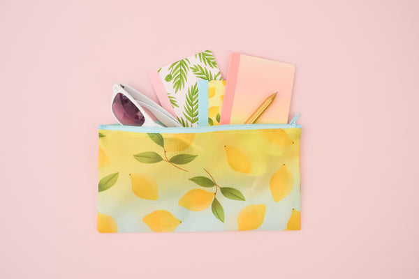 a lemons ripstop pouch with the garden party mini notebooks inside and white sunglasses