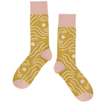 Long socks with Zen Lady design printed on the sock in white. Toes, heel, and top ankle part of the sock is in dusty pink.