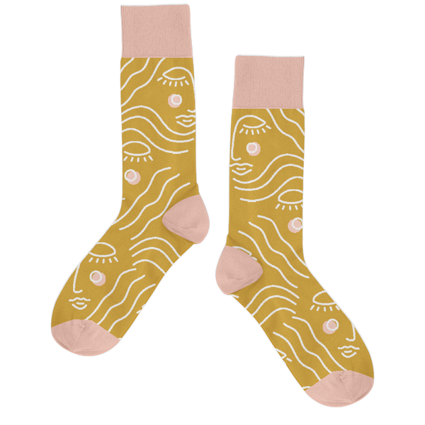 Long socks with Zen Lady design printed on the sock in white. Toes, heel, and top ankle part of the sock is in dusty pink.