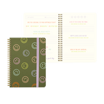 Green mini notebook with colorful smiley faces all around with purple strap and guided gratitude pages