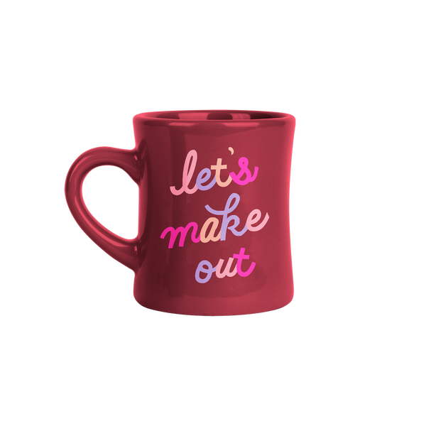 Sangria diner mug with the words "let's make out" in cursive in alternating colored text.