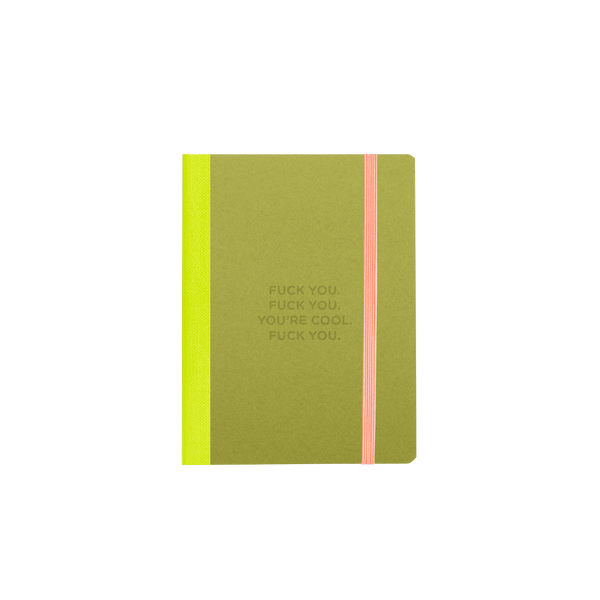 "Fuck you. fuck you. you're cool. fuck you" neon green with a pink strap mini notebook