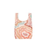 A multicolored, small tote bag with a water stain design. Colors are pastel oranges, neutral blues and reds, along with neutral greens, creams, and browns.