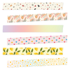 The first is white with a grey, blue, red, yellow and brown terrazzo pattern washi tape. The second roll is a watercolored botanical and fruit pattern in light green, corals, orange and pink. The third is a rainbow ombre washi tape, and the fourth with rainbow mini hearts. The fifth roll is yellow with lemons and greenery. The last washi tape is an ombre background with white and yellow daisies.