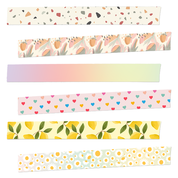 The first is white with a grey, blue, red, yellow and brown terrazzo pattern washi tape. The second roll is a watercolored botanical and fruit pattern in light green, corals, orange and pink. The third is a rainbow ombre washi tape, and the fourth with rainbow mini hearts. The fifth roll is yellow with lemons and greenery. The last washi tape is an ombre background with white and yellow daisies.