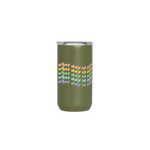 Olive green 12 oz tumbler with decal that reads "what day is it?" in multi-color wavy font; clear lid on top