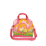 A skate bag with rainbow arches, abstract lines, and a variety of flowers. Designs are in pink, yellow, and green tones.