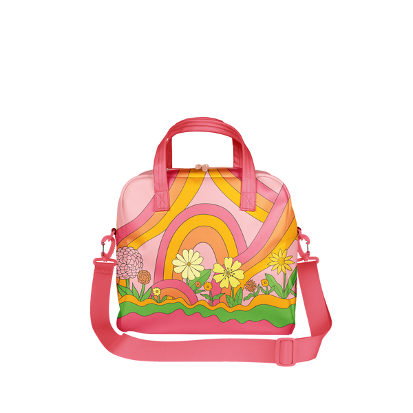 A skate bag with rainbow arches, abstract lines, and a variety of flowers. Designs are in pink, yellow, and green tones.
