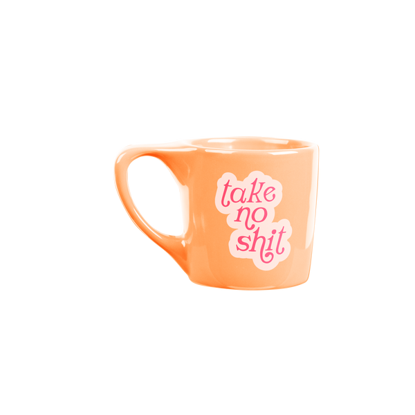 Funny orange coffee mug with saying "take no shit"