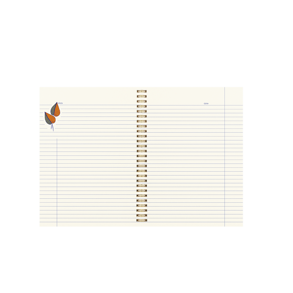 A two page spread with lined pages. Lines are in a navy blue color and both pages has a date section. On the upper left page is a leaf illustration in orange and grey.