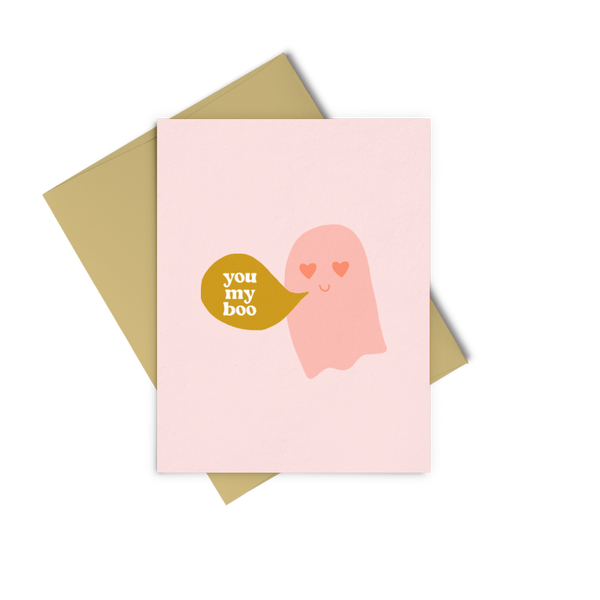 Halloween greeting card with pink ghost and word bubble saying "you my boo"; 