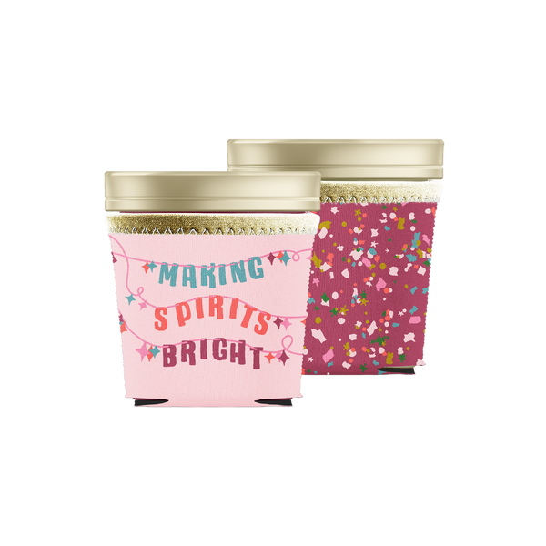 ice cream pint holder in maroon with multi-color pink, green, red, and white confetti design wrapped around. ice cream holder in pink with the phrase making spirits brights being sprung out in lights.