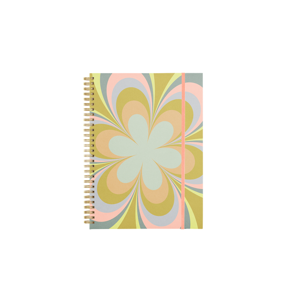 Pastel colorful kaleidoscope floral with pink strap notebook cover.