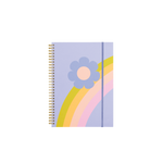 Lilac notebook with blue flower and pastel color rainbow wave with purple strap.