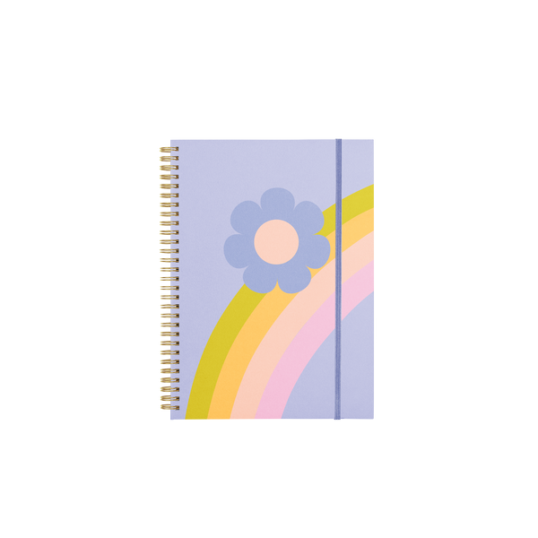 Lilac notebook with blue flower and pastel color rainbow wave with purple strap.