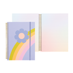 Lilac notebook with blue flower and pastel color rainbow wave with purple strap and colorful college ruled pages.