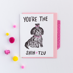 White greeting card with black text "Your're The Shih [pink heart graphic] tzu". There is a drawing of a shih tzu dog with a pink color and a pink bow on it's head. There is a pink envelope and colorful poms in the background.